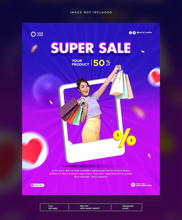 PSD modelo de banner de evento de promoção de venda com desconto e mídias sociais