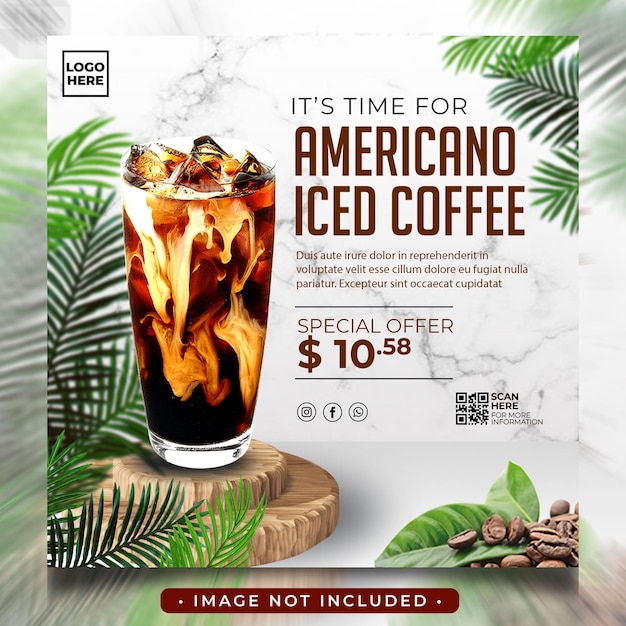 Modelo de banner de feed de postagem de instagram de mídia social bebida de café gelado americano