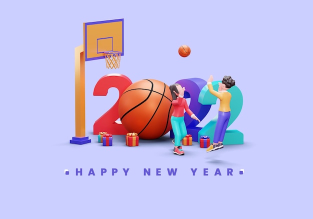 Modelo de banner de feliz ano novo 2022 com conceito de design criativo de basquete de ilustração 3D