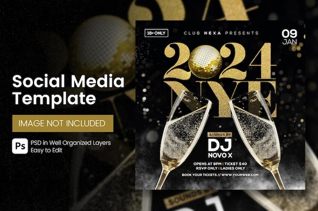 PSD modelo de banner de festa de dj de festa de ano novo de 2024