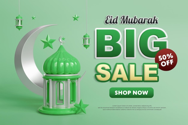 Modelo de banner de grande venda Eid Mubarak com tons de verde