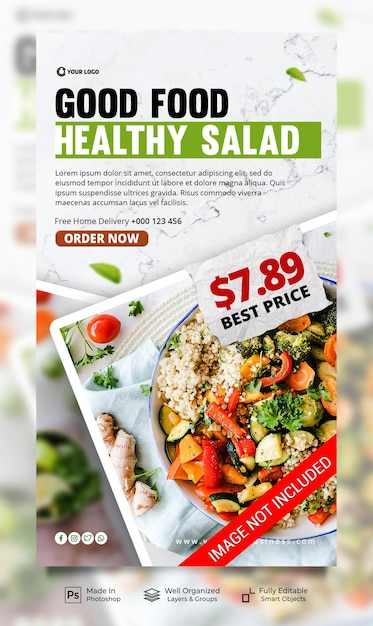 Modelo de banner de histórias de postagem de instagram de mídia social de promoção de salada saudável de boa comida