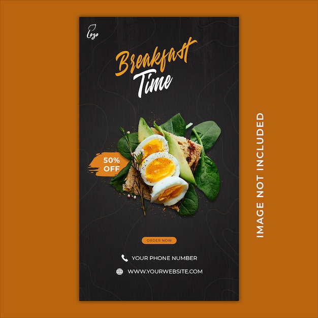 Modelo de banner de histórias do instagram de promoção de menu de comida de café da manhã