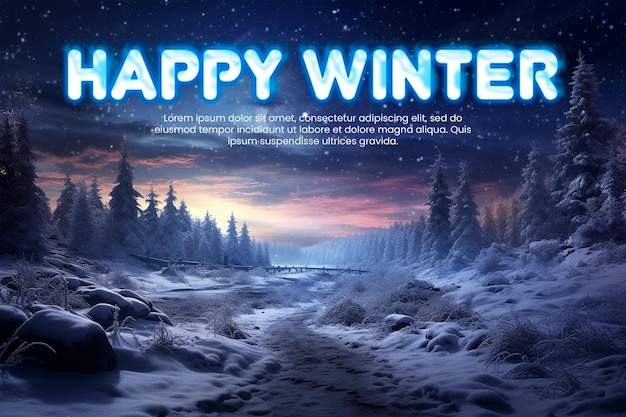 PSD modelo de banner de inverno feliz com cena de inverno mágico com uma tela larga