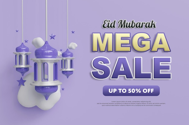 Modelo de Banner de Mega Venda Eid Mubarak com Tons Roxos