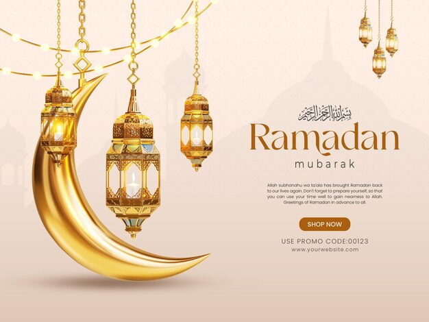 PSD modelo de banner de mídia social 3d do ramadan kareem com lanternas islâmicas e crescente