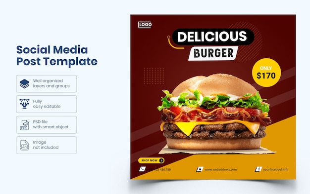 Modelo de banner de mídia social de comida deliciosa