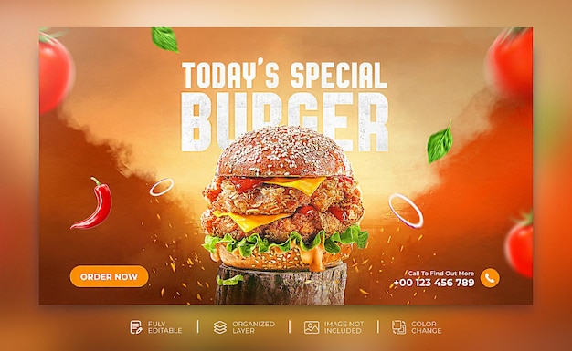 Modelo de banner de mídia social de panfleto de promoção de menu de comida de hambúrguer delicioso psd grátis