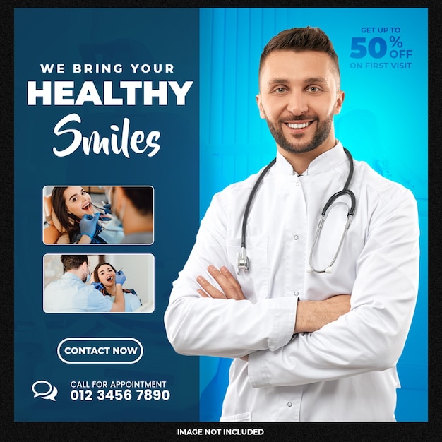 PSD modelo de banner de mídia social para dentista e atendimento odontológico