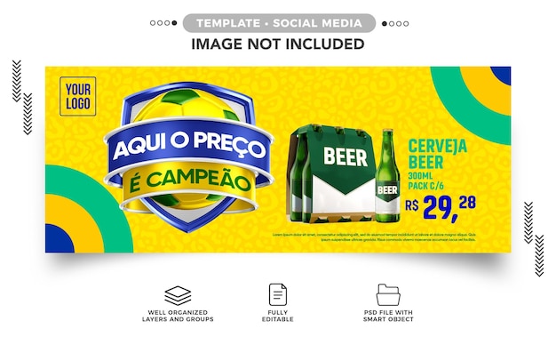 Modelo de banner de mídia social promoção de vendas de cerveja da copa do mundo