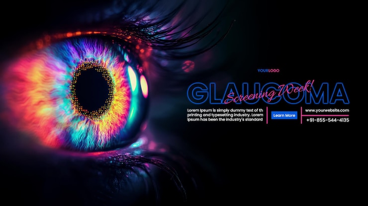 PSD modelo de banner de perimetro de gonioscopia com close de uma íris ocular colorida com um fundo desfocado
