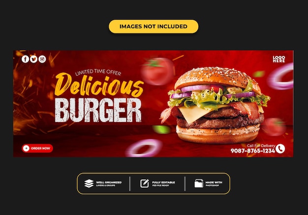 Modelo de banner de postagem de capa do facebook para hambúrguer de menu de fast food de restaurante