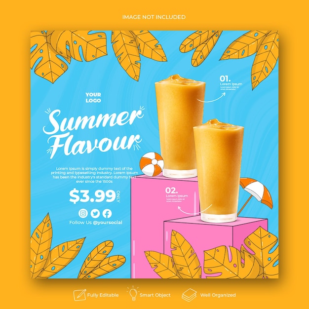 PSD modelo de banner de postagem de instagram em mídia social promoção de menu de verão