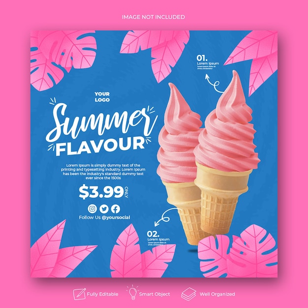 Modelo de banner de postagem de instagram em mídia social promoção de menu de verão