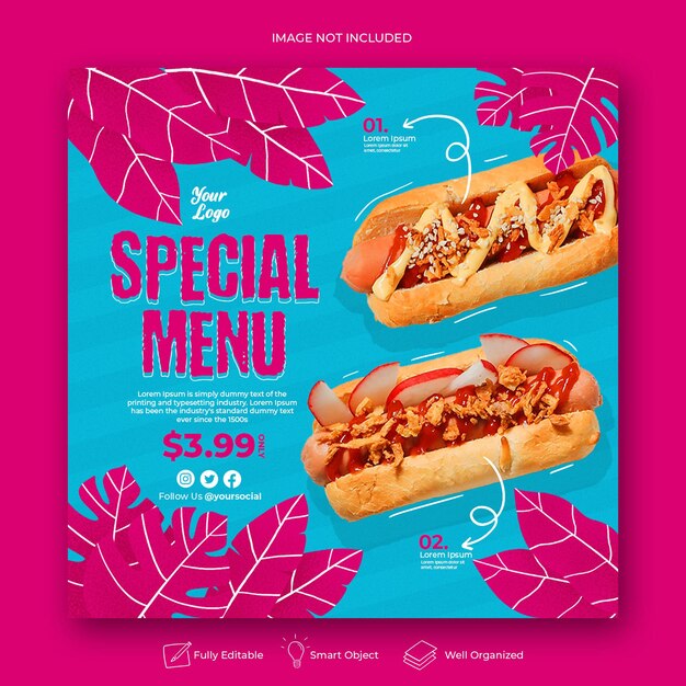 PSD modelo de banner de postagem de instagram para promoção de menu especial