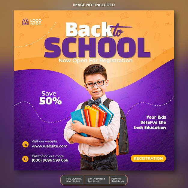Modelo de banner de postagem de mídia social de admissão na escola