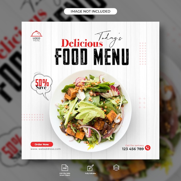 Modelo de banner de postagem de mídia social de promoção de menu de comida e hambúrguer delicioso