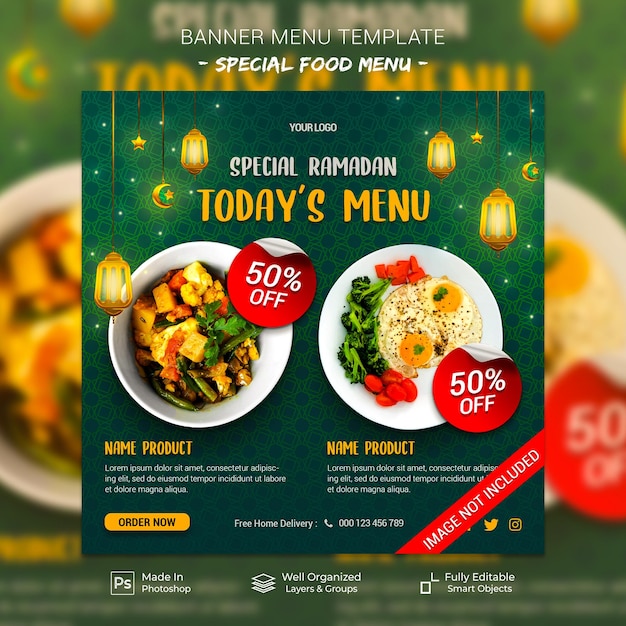 Modelo de banner de postagem de mídia social de restaurante de menu de comida de ramadã kareem