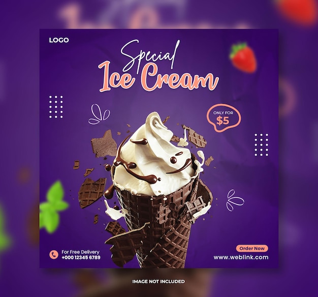 Modelo de banner de postagem de mídia social de sorvete especial ou design de banner quadrado de comida