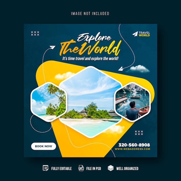 Modelo de banner de postagem de mídia social de viagens e turismo ou design de postagem de instagram de férias de turismo