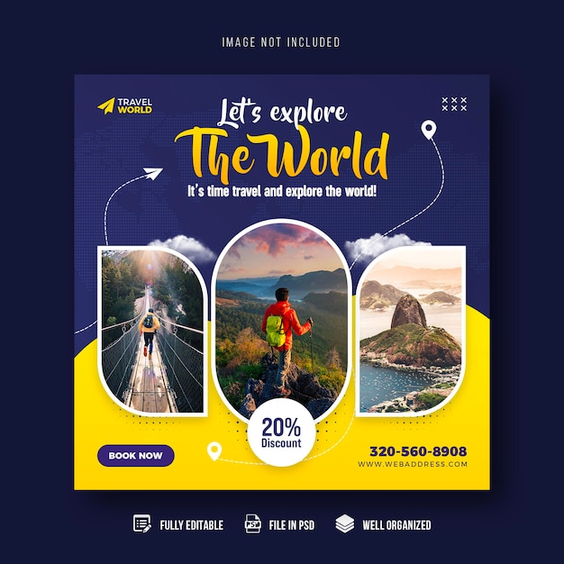 Modelo de banner de postagem de mídia social de viagens e turismo ou design de postagem do instagram de férias de férias