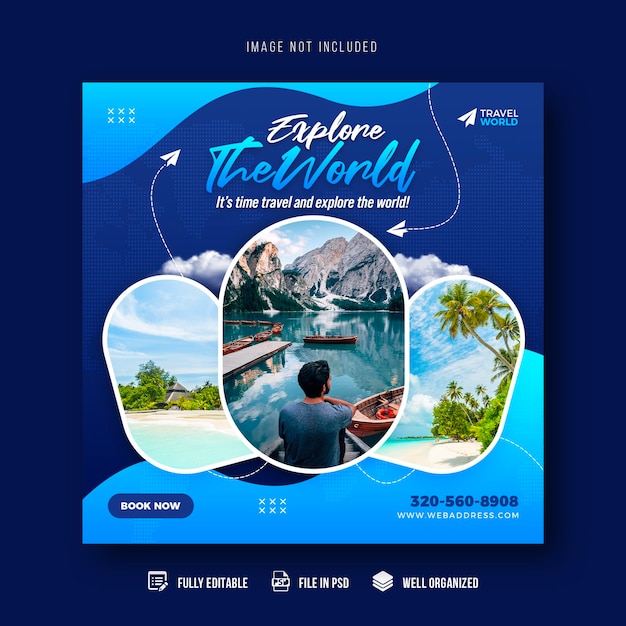 Modelo de banner de postagem de mídia social de viagens e turismo ou design de postagem do Instagram de férias de férias