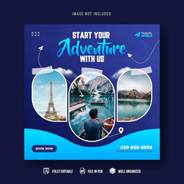 Modelo de banner de postagem de mídia social de viagens e turismo ou design de postagem do Instagram de férias de férias