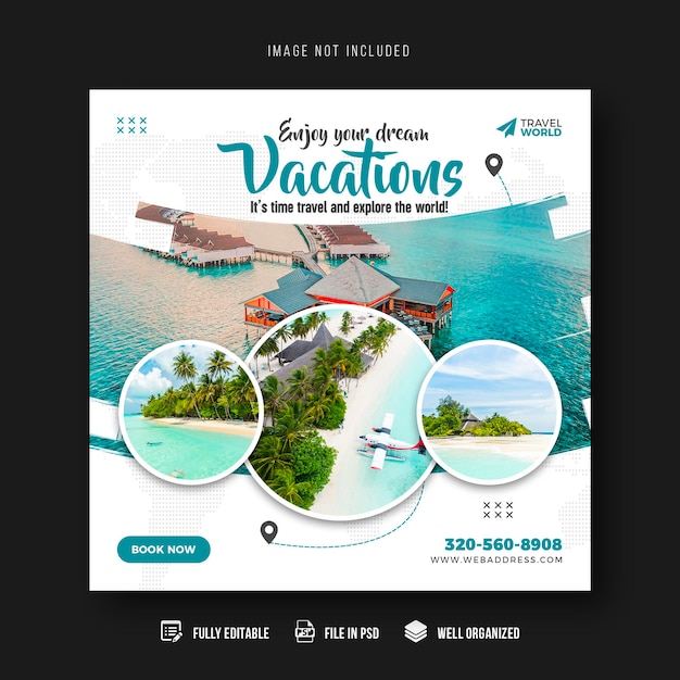 Modelo de banner de postagem de mídia social de viagens e turismo ou design de postagem do Instagram de férias de férias