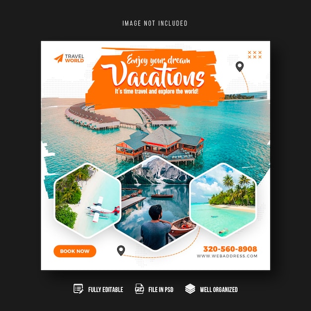 Modelo de banner de postagem de mídia social de viagens e turismo ou design de postagem do instagram de férias de férias