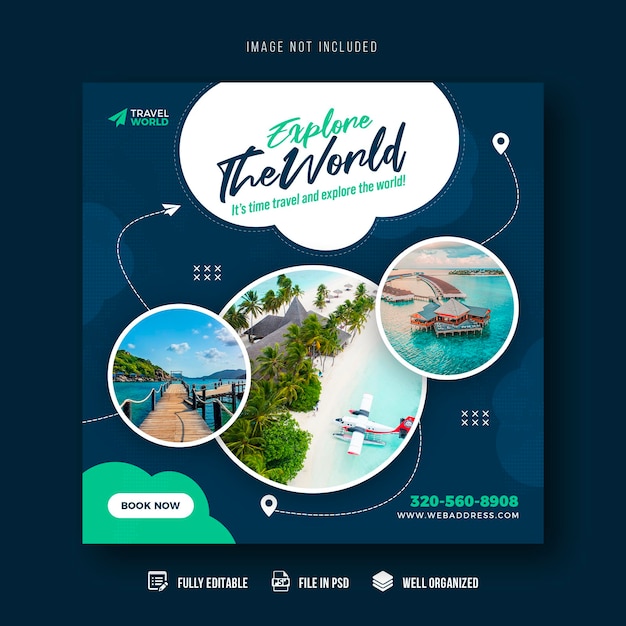 Modelo de banner de postagem de mídia social de viagens e turismo ou design de postagem do Instagram de férias de férias