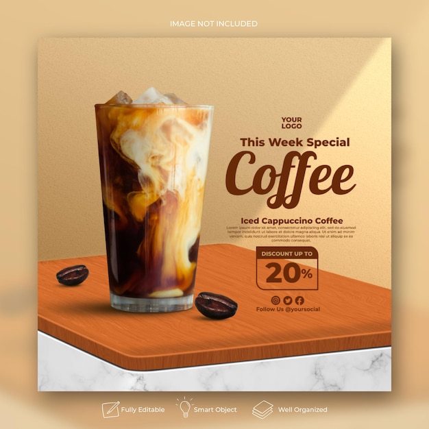 Modelo de banner de postagem de mídia social Instagram para promoção do menu de bebidas da cafeteria