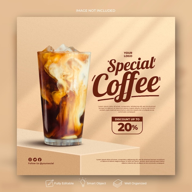 Modelo de banner de postagem de mídia social Instagram para promoção do menu de bebidas da cafeteria