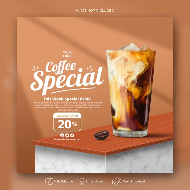 Modelo de banner de postagem de mídia social Instagram para promoção do menu de bebidas da cafeteria