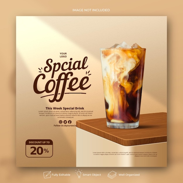 Modelo de banner de postagem de mídia social Instagram para promoção do menu de bebidas da cafeteria