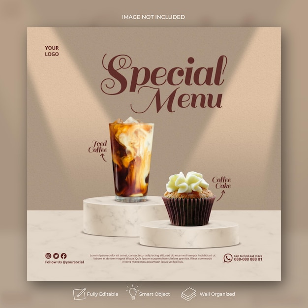 Modelo de banner de postagem de mídia social Instagram para promoção do menu de bebidas da cafeteria