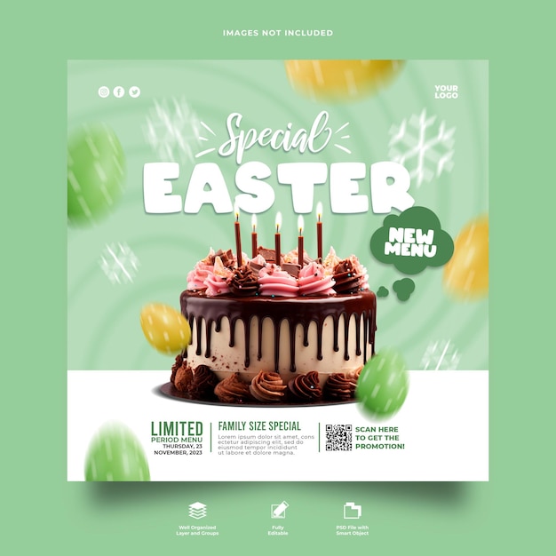 Modelo de banner de postagem de mídia social instagram para promoção do menu de Páscoa de Psd