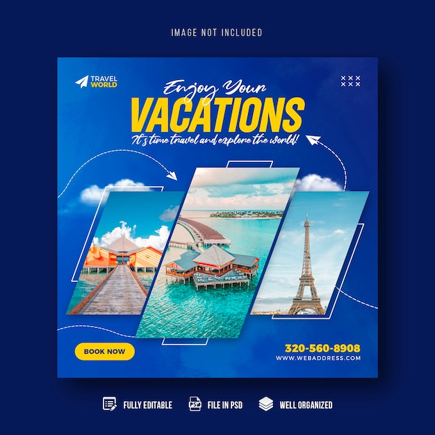 Modelo de banner de postagem em mídias sociais de viagens e turismo ou design de postagens de férias de turismo no Instagram