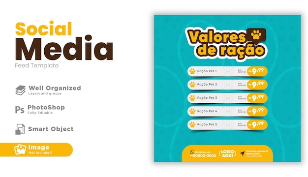 PSD modelo de banner de postagens de mídia social de loja de animais psd português brasileiro