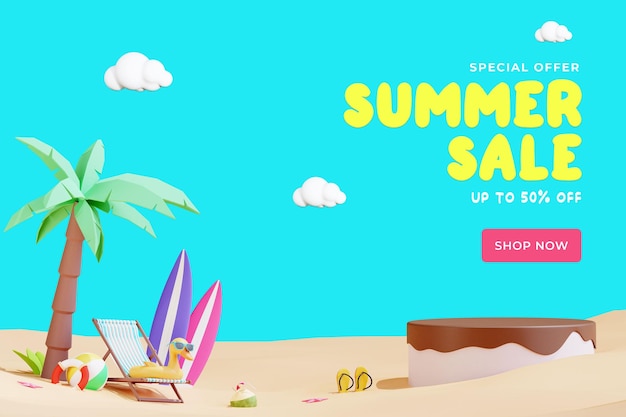 Modelo de banner de praia de verão com ilustração 3d