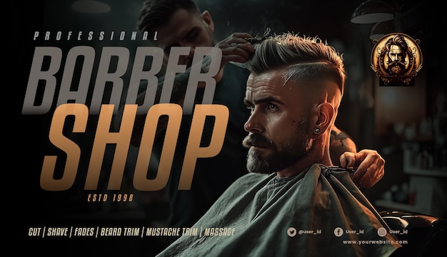 PSD modelo de banner de promoção de barbearia para mídia impressa e social