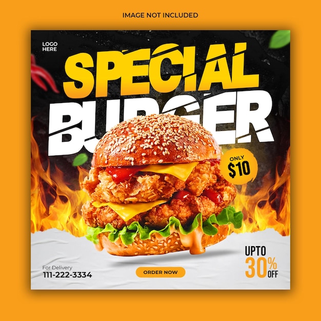Modelo de banner de promoção de mídia social de menu de hambúrguer e comida delicioso