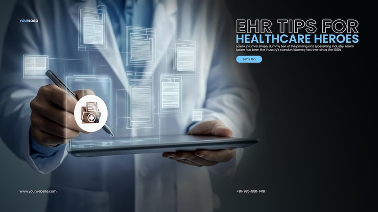 PSD modelo de banner de registros de fluxo de trabalho clínico com médico de casaco branco usando tablet digital para desenhar um ícone de documento médico em uma tela virtual