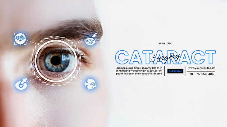 PSD modelo de banner de tratamento ocular de procedimento cirúrgico com close-up ocular com círculos digitais e ícones de cirurgia de catarata flutuando ao redor