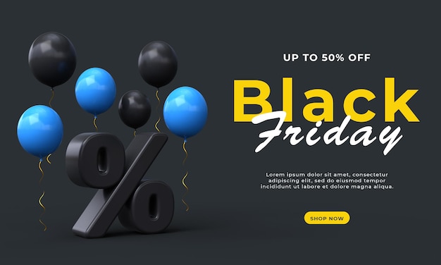 PSD modelo de banner de venda de sexta-feira negra com balões e confetes 50% de desconto 3d render