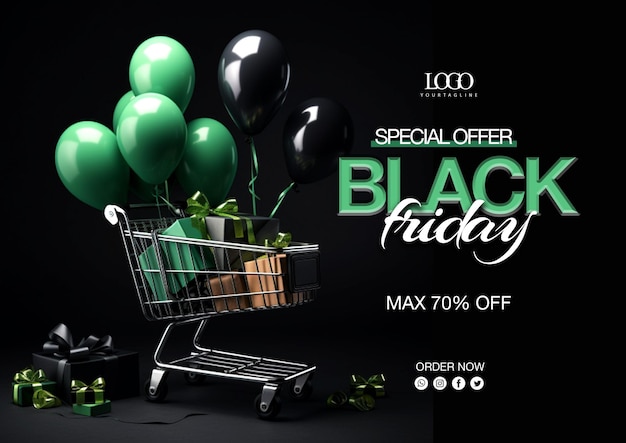 Modelo de banner de venda de sexta-feira negra do PSD com presentes e balões 3D