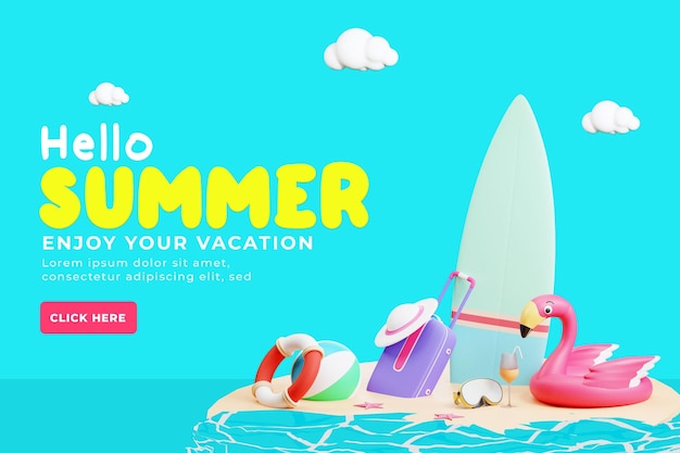 Modelo de banner de venda de verão com ilustração 3d