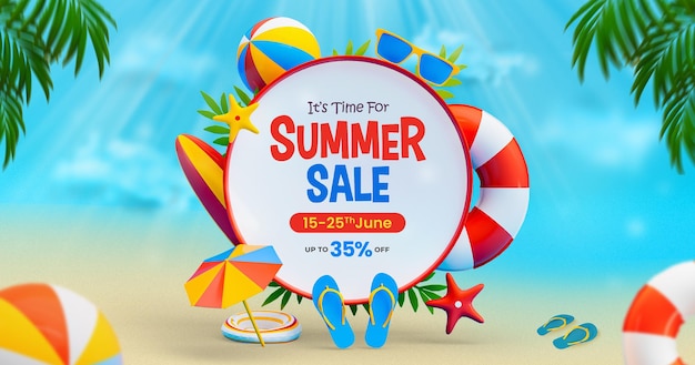 Modelo de banner de venda de verão no Facebook com elementos coloridos de praia