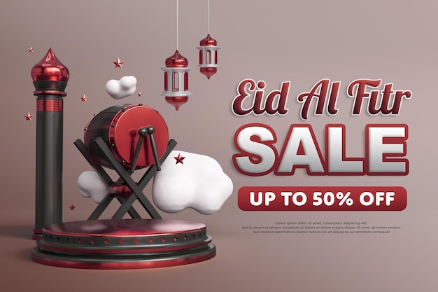 Modelo de Banner de Venda Eid Al Fitr com Tons Vermelhos