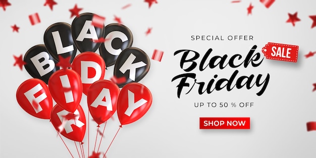 Modelo de banner de venda na sexta-feira preta com balões brilhantes pretos e vermelhos