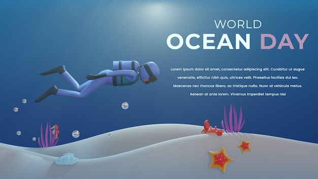 Modelo de banner do dia mundial do oceano com mergulhador 3d